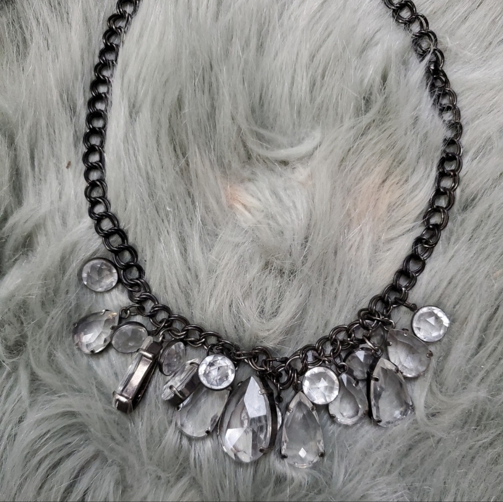 Express Black Chain Necklace with Clear Teardrop & Round Crystals